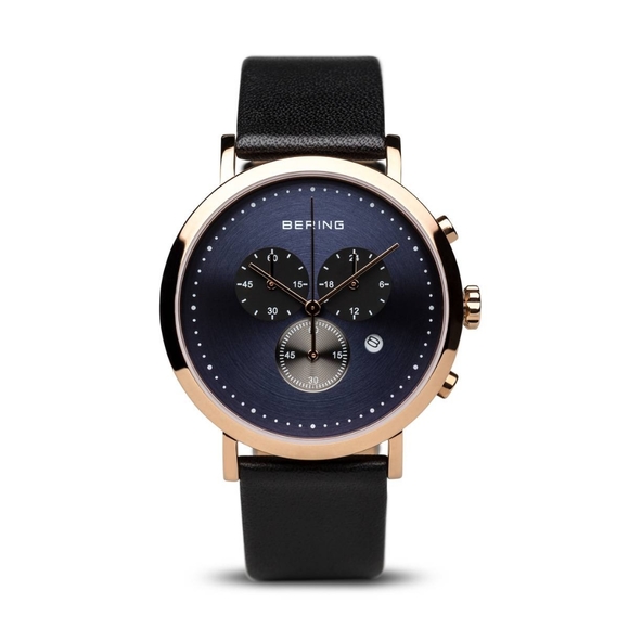 Bering blue and polished gold black leather watch - Picture 4 of 10